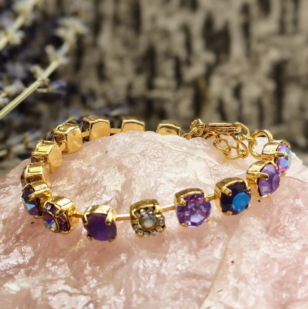 Lavender Violet &  Flower Crystals AB In Classic Tennis Gold Plated Bracelet